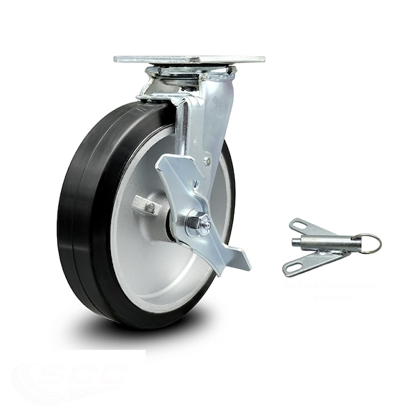 8 Inch Rubber on Aluminum Caster with Ball Bearing and Brake/Swivel Lock SCC
